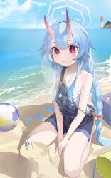 Rule 34 | 1girl, absurdres, alternate costume, badge, ball, bare legs, bare shoulders, barefoot, beach, beachball, blue archive, blue overalls, blue sky, braid, breasts, bucket, button badge, chise (blue archive), cloud, commentary request, cooler, crab, day, feet, halo, highres, horns, lighthouse, long hair, looking at viewer, low twin braids, nib (honom70), ocean, oni, oni horns, outdoors, overalls, red eyes, sand castle, sand sculpture, seiza, sitting, sky, small breasts, solo, strap slip, sunlight, twin braids, very long hair, water