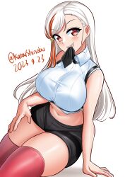 Rule 34 | 1girl, absurdres, black necktie, black shorts, blonde hair, breasts, collared shirt, cowboy shot, dated, dress shirt, grin, highres, kantai collection, katou shinobu, large breasts, long hair, looking at viewer, massachusetts (kancolle), midriff, mouth hold, multicolored hair, navel, necktie, one-hour drawing challenge, red eyes, red hair, red thighhighs, shirt, short shorts, shorts, simple background, sitting, sleeveless, sleeveless shirt, smile, solo, streaked hair, thighhighs, white background, white shirt