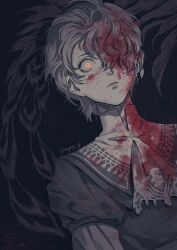 Rule 34 | 1boy, black background, blood, blood in hair, blood on clothes, blood on face, bright pupils, closed mouth, dutch angle, feathered wings, feathers, final fantasy, final fantasy xvi, hair over one eye, highres, joshua rosfield, lace-trimmed collar, lace trim, layered clothes, layered sleeves, long sleeves, magehikari, male focus, orange eyes, puffy sleeves, short over long sleeves, short sleeves, simple background, solo, spot color, twitter username, upper body, wide-eyed, wings