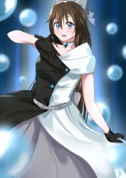 Rule 34 | 1girl, aqua eyes, artist name, artist request, back bow, bare shoulders, belt, black dress, black gloves, black skirt, blue eyes, blush, bow, bow hairband, breasts, brooch, brown hair, bubble, buttons, choker, collarbone, diamond (gemstone), dress, drop earrings, earrings, evening gown, female focus, gloves, grey belt, grey bow, grey skirt, hair between eyes, hair bow, hairband, half updo, hand on own chest, high ponytail, highres, holding, holding clothes, holding skirt, jewelry, lace, lace gloves, long hair, looking at viewer, love live!, love live! nijigasaki high school idol club, love live! school idol festival, miniskirt, multicolored clothes, multicolored dress, off-shoulder dress, off shoulder, osaka shizuku, parted lips, plaid, plaid dress, plaid skirt, pleated, pleated dress, pleated skirt, ponytail, skirt, sleeveless, sleeveless dress, small breasts, smile, solitude rain (love live!), solo, two-tone dress, white bow, white choker, white dress, white skirt