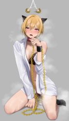 Rule 34 | 1girl, @ @, absurdres, afterimage, black bra, black socks, blonde hair, blush, bra, breasts, cardigan, chain, chain leash, cleavage, drooling, female pubic hair, full-face blush, full body, highres, hypnosis, idolmaster, idolmaster shiny colors, lace, lace-trimmed bra, lace trim, leash, looking up, medium breasts, mind control, navel, no panties, no pants, out type (outtypeex), pendulum, pubic hair, pussy juice, pussy juice trail, saijo juri, saliva, seiza, shirt, simple background, sitting, socks, solo, steam, underwear, white shirt