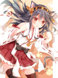 Rule 34 | 10s, 1girl, animal ears, bare shoulders, black hair, black thighhighs, blush, boots, cat ears, cat tail, detached sleeves, frilled skirt, frills, hairband, haruna (kancolle), japanese clothes, kantai collection, kemonomimi mode, long hair, miko, mogu (au1127), open mouth, paw pose, personification, ribbon-trimmed sleeves, ribbon trim, skirt, solo, tail, thigh boots, thighhighs