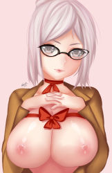 Rule 34 | 10s, 1girl, breasts, breasts out, brown eyes, female focus, glasses, heart, highres, katrina lynn, large breasts, looking at viewer, nipples, prison school, ribbon, shiraki meiko, silver hair, solo, upper body