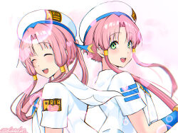 Rule 34 | 2girls, absurdres, andanden, aria (manga), aria company uniform, back-to-back, closed eyes, commentary, english commentary, eyelashes, forehead, gold trim, gradient background, green eyes, hair intakes, hair over shoulder, hair tubes, hand up, hat, heart, highres, lens flare, logo, long hair, looking at viewer, mizunashi akari, multiple girls, open mouth, parted bangs, pink background, pink hair, ponytail, sailor collar, sailor hat, shirt, short hair with long locks, short sleeves, sidelocks, signature, teeth, time paradox, uniform, upper body, upper teeth only, white background, white shirt