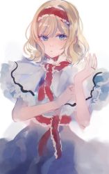 Rule 34 | 1girl, alice margatroid, blonde hair, blue dress, blue eyes, capelet, closed mouth, commentary, cowboy shot, dress, expressionless, fingernails, frilled hairband, frilled ribbon, frills, hairband, hands up, highres, jewelry, looking at viewer, medium hair, mozukuzu (manukedori), red hairband, red ribbon, ribbon, ring, simple background, sketch, solo, touhou, white background, white capelet