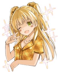 Rule 34 | 10s, 1girl, ;d, blonde hair, blush, fang, green eyes, highres, idolmaster, idolmaster cinderella girls, jewelry, jougasaki rika, long hair, looking at viewer, necklace, ohta yuichi, one eye closed, open mouth, short sleeves, simple background, smile, solo, twintails, two side up, upper body, v, white background