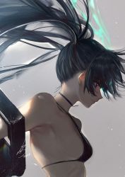 Rule 34 | arm cannon, armpits, bikini, black hair, black rock shooter, black rock shooter (character), blue eyes, choker, flaming eye, from side, glowing, glowing eye, grey background, highres, hoojiro, long hair, midriff, pale skin, standing, swimsuit, twintails, uneven twintails, weapon