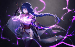 Rule 34 | 1girl, absurdres, blunt bangs, braid, commentary request, cowboy shot, drawing sword, electricity, genshin impact, hair ornament, highres, holding, holding sword, holding weapon, human scabbard, japanese clothes, kimono, korean commentary, long hair, musou isshin (genshin impact), parted lips, purple eyes, purple hair, purple kimono, purple thighhighs, raiden shogun, short kimono, single braid, solo, sword, thighhighs, weapon, wide sleeves, yareen, zettai ryouiki