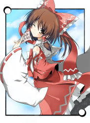 Rule 34 | 1girl, amulet, bad id, bad pixiv id, bow, brown eyes, brown hair, detached sleeves, female focus, framed, hair bow, hakurei reimu, itamochi, japanese clothes, miko, ofuda, one eye closed, outside border, ribbon, skirt, solo, touhou, wink