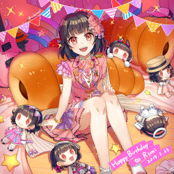Rule 34 | 0 0, 1girl, :d, animal ear headphones, animal ears, back bow, bang dream!, baseball cap, bass guitar, black hair, blue ribbon, bow, bracelet, cat ear headphones, character doll, character name, chocolate cornet, commentary request, dated, dress, earrings, english text, fake animal ears, flower, food, frilled legwear, frills, hair bow, hair flaps, hair flower, hair ornament, hairband, halo, hand on own knee, happy birthday, hat, headphones, highres, instrument, jewelry, mujun atama, neck ribbon, open mouth, pink dress, pink flower, pink rose, purple ribbon, rainbow, red eyes, ribbon, rose, short hair, sitting, smile, solo, sparkle, star (symbol), string of flags, striped clothes, striped dress, twitter username, ushigome rimi, vertical-striped clothes, vertical-striped dress, white legwear