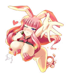 Rule 34 | 1girl, animal ears, arm up, blush, blush stickers, breasts, breasts squeezed together, butter-t, cleavage, female focus, full body, grabbing, grabbing another&#039;s breast, grabbing own breast, heart, hime cut, huge breasts, lactation, long hair, looking at viewer, melona (queen&#039;s blade), melona (queen's blade), monster girl, nipples, nude, one eye closed, outstretched arm, parted lips, pink hair, prehensile hair, projectile lactation, protean assassin melona, purple eyes, queen&#039;s blade, rabbit ears, revealing clothes, simple background, slime girl, smile, solo, white background, wink