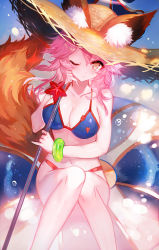 Rule 34 | 1girl, animal ears, beach umbrella, bikini, blue bikini, blush, breasts, closed mouth, collarbone, commentary request, ears through headwear, fate/grand order, fate (series), fox ears, fox print, fox tail, hair between eyes, hat, highres, holding, holding umbrella, innertube, juexing (moemoe3345), knees up, large breasts, long hair, looking at viewer, navel, one eye closed, pink hair, revision, sitting, solo, sun hat, swim ring, swimsuit, tail, tamamo (fate), tamamo no mae (fate/extra), tamamo no mae (swimsuit lancer) (fate), umbrella, yellow eyes