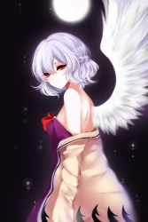 Rule 34 | 1girl, absurdres, bad id, bad pixiv id, bare shoulders, black background, blurry, bow, braid, breasts, bubble, closed mouth, cowboy shot, depth of field, dress, feathered wings, french braid, from side, hair between eyes, head tilt, highres, jacket, kishin sagume, light particles, looking at viewer, medium breasts, moon, nose, off shoulder, purple dress, red bow, red eyes, sheya, short hair, shoulder blades, sideboob, silver hair, simple background, single wing, solo, standing, touhou, white wings, wings, yellow jacket