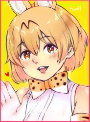 Rule 34 | 10s, 1girl, :d, animal ears, blonde hair, bow, bowtie, english text, gloves, heart, highres, kemono friends, looking at viewer, mugo (mugokii), open mouth, serval (kemono friends), serval print, shirt, short hair, simple background, sleeveless, sleeveless shirt, smile, waving
