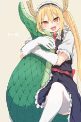 Rule 34 | 10s, 1girl, apron, blonde hair, blush, character name, cheek squash, commentary request, dot nose, dragon girl, dragon tail, dress, fang, female focus, gloves, gradient hair, hakumei kosen, highres, horns, hug, hugging own tail, hugging tail, kobayashi-san chi no maidragon, large tail, long hair, looking at viewer, maid, maid apron, maid headdress, multicolored hair, open mouth, pushing away, pushing face, red eyes, simple background, slit pupils, solo, tail, thighhighs, tohru (maidragon), twintails, white gloves, white thighhighs