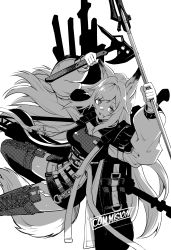 Rule 34 | 1girl, absurdres, animal ears, arknights, axe, breasts, brown hair, ceobe (arknights), dog ears, dog tail, fang, feet out of frame, greyscale, hair between eyes, highres, holding, holding axe, holding staff, jacket, long hair, long sleeves, monochrome, open mouth, smile, solo, staff, tail, thighhighs, toxin000x, very long hair, weapon