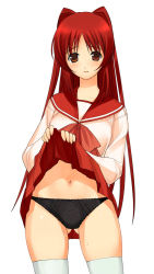 Rule 34 | 00s, 1girl, a1 (initial-g), black panties, blouse, bow, bow panties, clothes lift, kousaka tamaki, lace, lace-trimmed panties, lace trim, lifted by self, long hair, miniskirt, panties, pleated skirt, red eyes, red hair, school uniform, serafuku, shirt, skirt, skirt lift, solo, standing, thighhighs, to heart (series), to heart 2, underwear, white thighhighs
