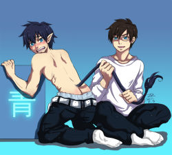 Rule 34 | 2boys, ao no exorcist, ass, black hair, blue background, blue eyes, blush, brother, brothers, butt crack, glasses, incest, indian style, kneeling, male focus, multiple boys, okumura rin, okumura yukio, open mouth, pointy ears, shirt, topless male, siblings, sitting, socks, tail, twins, undressing, white shirt, yaoi