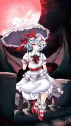 Rule 34 | 1girl, absurdres, ascot, bat wings, blue hair, bow, closed mouth, full moon, hair bow, hat, highres, holding, holding umbrella, looking at viewer, mob cap, moon, on railing, orchid (orukido), outdoors, pointy ears, railing, red ascot, red bow, red eyes, red footwear, remilia scarlet, shirt, short hair, sitting, skirt, smile, socks, solo, touhou, umbrella, white hat, white shirt, white skirt, white socks, white umbrella, wings