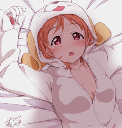 Rule 34 | 10s, 1girl, 2017, arms up, blush, breasts, cleavage, collarbone, cosplay, dated, highres, kigurumi, looking at viewer, love live!, love live! school idol festival, love live! sunshine!!, lying, medium breasts, no bra, on back, on bed, open mouth, orange hair, pov, red eyes, shadow, shiitake (love live! sunshine!!), shiitake (love live! sunshine!!) (cosplay), signature, solo, sweat, takami chika, takeya yuuki, upper body