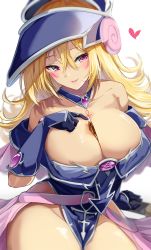 Rule 34 | 1girl, bare shoulders, between breasts, black gloves, blonde hair, blue hat, breasts, card, cleavage, collarbone, commission, gloves, hair between eyes, hat, heart, highres, igayan, large breasts, lips, long hair, magi magi magician gal, pentagram, pink eyes, simple background, sitting, skeb commission, smile, solo, thighs, white background, wizard hat, yu-gi-oh!