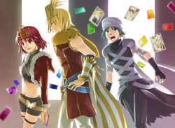 Rule 34 | 1girl, 2boys, animal, animal around neck, armor, assassin (ragnarok online), bandages, bangle, belt, black shirt, black shorts, blonde hair, blue belt, bracelet, breasts, cape, card, closed mouth, commentary request, crop top, crown, detached sleeves, feet out of frame, fishnet legwear, fishnets, fox, fur-trimmed jacket, fur trim, green eyes, green hair, holding, jacket, jewelry, looking at another, looking at viewer, multiple boys, natsuya (kuttuki), navel, open clothes, open jacket, open mouth, pants, pauldrons, professor (ragnarok online), purple cape, purple eyes, purple pants, purple shirt, ragnarok online, red eyes, red hair, red jacket, red shirt, rogue (ragnarok online), shirt, short hair, short shorts, shorts, shoulder armor, sleeveless, sleeveless shirt, small breasts, smile, striped sleeves, turtleneck, waist cape, walking, white pants, white sleeves, yellow sleeves