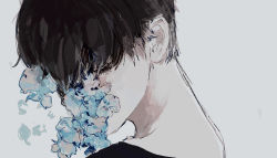 Rule 34 | 1boy, aofuji sui, black hair, black shirt, blue flower, commentary request, expressionless, eyelashes, closed eyes, flower, grey background, highres, male focus, original, shirt, short hair, simple background