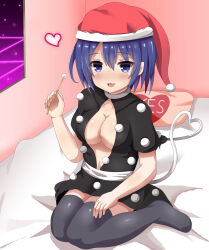 Rule 34 | 1girl, absurdres, black dress, black thighhighs, blue eyes, blue hair, blush, breasts, cleavage, commentary request, doremy sweet, dream world (touhou), dress, full body, guard vent jun, hair between eyes, hat, heart, highres, lap pillow invitation, large breasts, looking at viewer, mimikaki, nightcap, no shoes, on bed, open mouth, pom pom (clothes), red hat, sash, short dress, short hair, smile, solo, thighhighs, touhou, white sash, window, yes, yes-no pillow