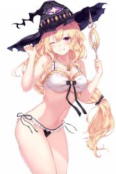 Rule 34 | 1girl, ;d, bare arms, bare shoulders, bikini, black hat, blonde hair, blush, breasts, cleavage, collarbone, cowboy shot, dorothy (shingeki no bahamut), frilled bikini, frills, grin, hands up, hat, highres, jewelry, large breasts, long hair, looking at viewer, low-tied long hair, navel, necklace, one eye closed, open mouth, red eyes, shingeki no bahamut, side-tie bikini bottom, simple background, smile, solo, stomach, swimsuit, thighs, very long hair, white background, white bikini, witch hat, yamato (muchuu paradigm)