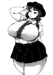 Rule 34 | &gt;:o, 1girl, :o, blush, breasts, collared shirt, curvy, fat, fedora, greyscale, hair ribbon, hat, highres, huge breasts, ichigo kotou, monochrome, monochrome, necktie, pleated skirt, ribbon, shirt, skindentation, skirt, solo, thick thighs, thighs, touhou, tress ribbon, usami renko, v-shaped eyebrows, wide hips