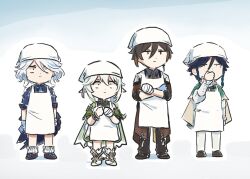 2boys 2girls apron bandaged_hand bandages blue_gloves covering_own_mouth furina_(genshin_impact) genshin_impact gloves multiple_boys multiple_girls nahida_(genshin_impact) venti_(genshin_impact) white_apron xinzoruo