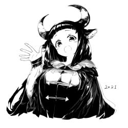Rule 34 | 1girl, 2021, :d, animal ears, blush, breasts, cape, chinese zodiac, commentary request, cropped torso, curled horns, forehead, greyscale, hand up, head tilt, hood, hood down, hooded cape, horns, jacket, jaco, large breasts, long sleeves, looking at viewer, monochrome, open mouth, original, simple background, sleeves past wrists, smile, solo, upper body, white background, year of the ox