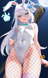 Rule 34 | animal ears, bandaged fingers, bandaged hand, bandaged leg, bandaged neck, bandaged wrist, bandages, bandaid, bandaid on hand, blue eyes, blue leotard, blush, bow, bowtie, breasts, covered navel, cowboy shot, curio (curiofinity), detached collar, fake animal ears, fake tail, fishnet pantyhose, fishnets, ghost, ghost girl, ghost hair ornament, ghost pose, hair ornament, hairclip, highleg, highleg leotard, highres, hitodama, hitodama hair ornament, leotard, long hair, looking at viewer, moon, pantyhose, playboy bunny, rabbit ears, rabbit tail, side-tie leotard, small breasts, strapless, strapless leotard, suzutuki sui, tail, traditional bowtie, triangular headpiece, varium, virtual youtuber, white hair, wrist cuffs