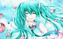 Rule 34 | 1girl, :d, aonoe, aqua hair, bad id, bad pixiv id, closed eyes, detached sleeves, face, female focus, gradient background, hatsune miku, long hair, necktie, open mouth, outdoors, petals, sky, smile, solo, twintails, vocaloid