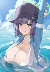 Rule 34 | 1girl, absurdres, aqua eyes, areola slip, arm up, blue archive, blue sky, blunt bangs, breasts, bucket hat, closed mouth, cloud, collarbone, convenient censoring, day, halo, hat, highres, holding own arm, large breasts, looking at viewer, ocean, outdoors, partially submerged, purple hair, rash guard, saki (blue archive), saki (swimsuit) (blue archive), samart, short hair, sky, solo, upper body, v-shaped eyebrows, water, wet