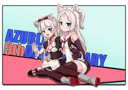Rule 34 | 2girls, absurdres, american flag neckwear, animal ear fluff, animal ears, apron, azur lane, black thighhighs, black vest, blue eyes, boots, breasts, cat ears, cleavage, commentary request, covered navel, dedorudy, detached sleeves, english text, fingerless gloves, forehead, frilled apron, frills, gloves, green eyes, grin, hammann (azur lane), highres, juliet sleeves, long sleeves, looking at viewer, maid, multicolored neckerchief, multiple girls, neckerchief, necktie, open mouth, outside border, parted bangs, puffy short sleeves, puffy sleeves, sailor collar, short sleeves, siblings, sims (azur lane), sisters, sitting, small breasts, smile, thighhighs, vest, waist apron, wariza, white apron, white hair, wrist cuffs, yokozuwari, zipper