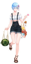 Rule 34 | 1girl, absurdres, alternate costume, alternate hairstyle, apple, bare shoulders, black shorts, blanc (redscent), blue eyes, blue hair, blush, bread, breasts, brown footwear, collarbone, commentary, crop top, denim, denim shorts, eyes visible through hair, food, frills, fruit, hair ornament, hair over one eye, hair ribbon, highres, holding, ice cream, jewelry, knee up, looking at viewer, medium breasts, melon, necklace, pink ribbon, popsicle, re:zero kara hajimeru isekai seikatsu, rem (re:zero), ribbon, shirt, shoes, short hair, shorts, simple background, smile, solo, suspender shorts, suspenders, watermelon, white background, white shirt, x hair ornament