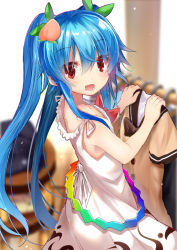 Rule 34 | 1girl, alternate hairstyle, blue hair, blurry, commentary request, depth of field, dress, efe, food, food-themed hair ornament, fruit, green ribbon, hair between eyes, hair ornament, hair ribbon, hinanawi tenshi, holding, long hair, looking at viewer, open mouth, peach, peach hair ornament, red eyes, ribbon, sleeveless, sleeveless dress, smile, solo, touhou, twintails, white dress