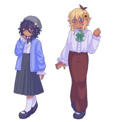 1boy 1girl alternate_costume alternate_skin_color basil_(faraway)_(omori) basil_(omori) black_hair black_shoes black_skirt blonde_hair blue_eyes blush brown_eyes brown_pants closed_mouth dark-skinned_female dark-skinned_male dark_skin donuqx flower glasses hair_flower hair_ornament highres long_sleeves looking_at_viewer medium_hair mincy_(omori) omori pants pleated_skirt red-framed_eyewear shoes simple_background skirt smile socks white_background white_socks