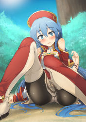 Rule 34 | 1girl, ass, bare shoulders, black pantyhose, blue eyes, blue hair, blush, boots, bracelet, cameltoe, choker, clothes pull, collarbone, day, dress, fire emblem, fire emblem: the binding blade, hair between eyes, hat, highres, jewelry, lilina (fire emblem), long hair, momio, nintendo, open mouth, outdoors, panties, pantyhose, pantyhose pull, sitting, solo, thigh boots, thighhighs, underwear, very long hair, white panties