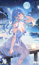 Rule 34 | 1girl, absurdres, ahoge, alternate breast size, arm up, bare arms, bare shoulders, barefoot, blue dress, blue eyes, blue hair, blue nails, blurry, blurry background, breasts, bug, building, butterfly, castle, choker, cleavage, cloud, collarbone, commentary request, dress, earrings, feet out of frame, floating hair, flower, frills, from side, full moon, hand on own head, highres, hololive, hoshimachi suisei, houkisei, insect, jewelry, long hair, looking up, medium breasts, moon, nail polish, navel, neck ribbon, o-ring, o-ring choker, parted lips, purple choker, purple ribbon, ribbon, see-through, see-through dress, sitting, sky, sleeveless, sleeveless dress, solo, star (sky), star (symbol), star earrings, star in eye, strap slip, sundress, symbol in eye, thighs, virtual youtuber, water, white flower