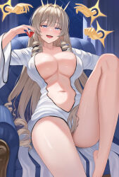Rule 34 | 1girl, absurdres, blonde hair, blue eyes, breasts, center opening, collarbone, commentary request, crown (naked king) (nikke), crown (nikke), disembodied hand, drill hair, goddess of victory: nikke, highres, kitin, large breasts, long hair, looking at viewer, navel, official alternate costume, open mouth, revision, sitting, smile, solo, thighs