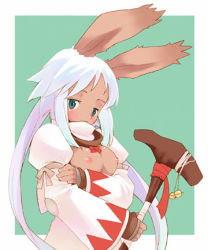 Rule 34 | 1girl, b.tarou, blush, breasts, breasts squeezed together, dark-skinned female, dark skin, final fantasy, final fantasy tactics, final fantasy tactics advance, long hair, lowres, nipples, simple background, solo, staff, viera, white hair, white mage (final fantasy)