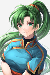 Rule 34 | 1girl, blue dress, breasts, commentary request, dress, earrings, fire emblem, fire emblem: the blazing blade, green eyes, green hair, grey background, jewelry, long hair, looking at viewer, lyn (fire emblem), medium breasts, nintendo, ponytail, short sleeves, simple background, smile, solo, ten (tenchan man), upper body, very long hair