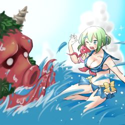 Rule 34 | 1girl, adapted costume, arch bishop (ragnarok online), bikini, blue bikini, blush, bow, breasts, cleavage, cloud, commentary request, full body, giant octopus (ragnarok online), green eyes, green hair, hair bun, horizon, large breasts, ocean, octopus, one eye closed, open mouth, ragnarok online, sailor bikini, sailor collar, short hair, splashing, swimsuit, takuto173, water, yellow bow