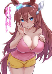 Rule 34 | 1girl, absurdres, ahoge, alternate costume, animal ears, bare shoulders, blue eyes, blush, breasts, camisole, casual, cleavage, commentary request, cowboy shot, ear ornament, hair between eyes, hair ornament, hairclip, headband, highres, horse ears, horse girl, horse tail, large breasts, looking at viewer, mihono bourbon (umamusume), open mouth, parted lips, pink camisole, ririsu082, shorts, solo, spaghetti strap, strap slip, tail, translation request, umamusume, whispering, white background, yellow shorts