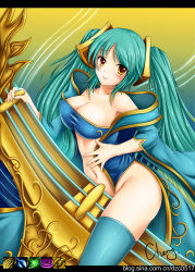 Rule 34 | 1girl, absurdres, adapted costume, aqua hair, blush, bottomless, breasts, brown eyes, cheng, cleavage, gradient hair, green hair, highres, instrument, large breasts, league of legends, long hair, multicolored hair, no panties, sona (league of legends), thighhighs, very long hair