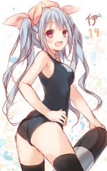 Rule 34 | 10s, 1girl, black thighhighs, blue hair, character name, i-19 (kancolle), kantai collection, komeshiro kasu, long hair, one-piece swimsuit, personification, red eyes, school swimsuit, solo, swimsuit, thighhighs, torpedo, twintails