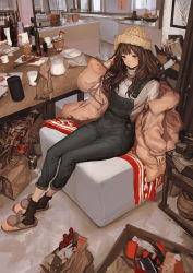 Rule 34 | 1girl, absurdres, bag, basket, beanie, black pants, black socks, blanket, blush, bottle, box, brown eyes, brown hair, cable, chair, chopsticks, closed mouth, commentary request, cup, day, disposable cup, drinking straw, electric plug, food, fork, full body, hand up, hat, highres, indoors, jacket, lm7 (op-center), long hair, long sleeves, looking at viewer, off shoulder, open clothes, open jacket, original, oven, overalls, painting (object), pants, paper bag, picture frame, pink jacket, plate, puffy sleeves, shirt, sidelocks, sitting, sleeves past wrists, slippers, socks, solo, suspenders, table, turtleneck, used tissue, white hat, white shirt, window, wine bottle