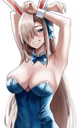 Rule 34 | 1girl, absurdres, animal ears, armpits, arms on head, arms up, asuna (blue archive), asuna (bunny) (blue archive), bare arms, blue archive, blue bow, blue bowtie, blue eyes, blue leotard, blue ribbon, blush, bow, bowtie, breasts, cleavage, collar, covered navel, detached collar, fake animal ears, grin, hair over one eye, hair ribbon, highres, large breasts, leotard, light brown hair, long hair, looking at viewer, nicky w, playboy bunny, ribbon, simple background, skindentation, smile, solo, strapless, strapless leotard, upper body, white background, white collar, wrist cuffs